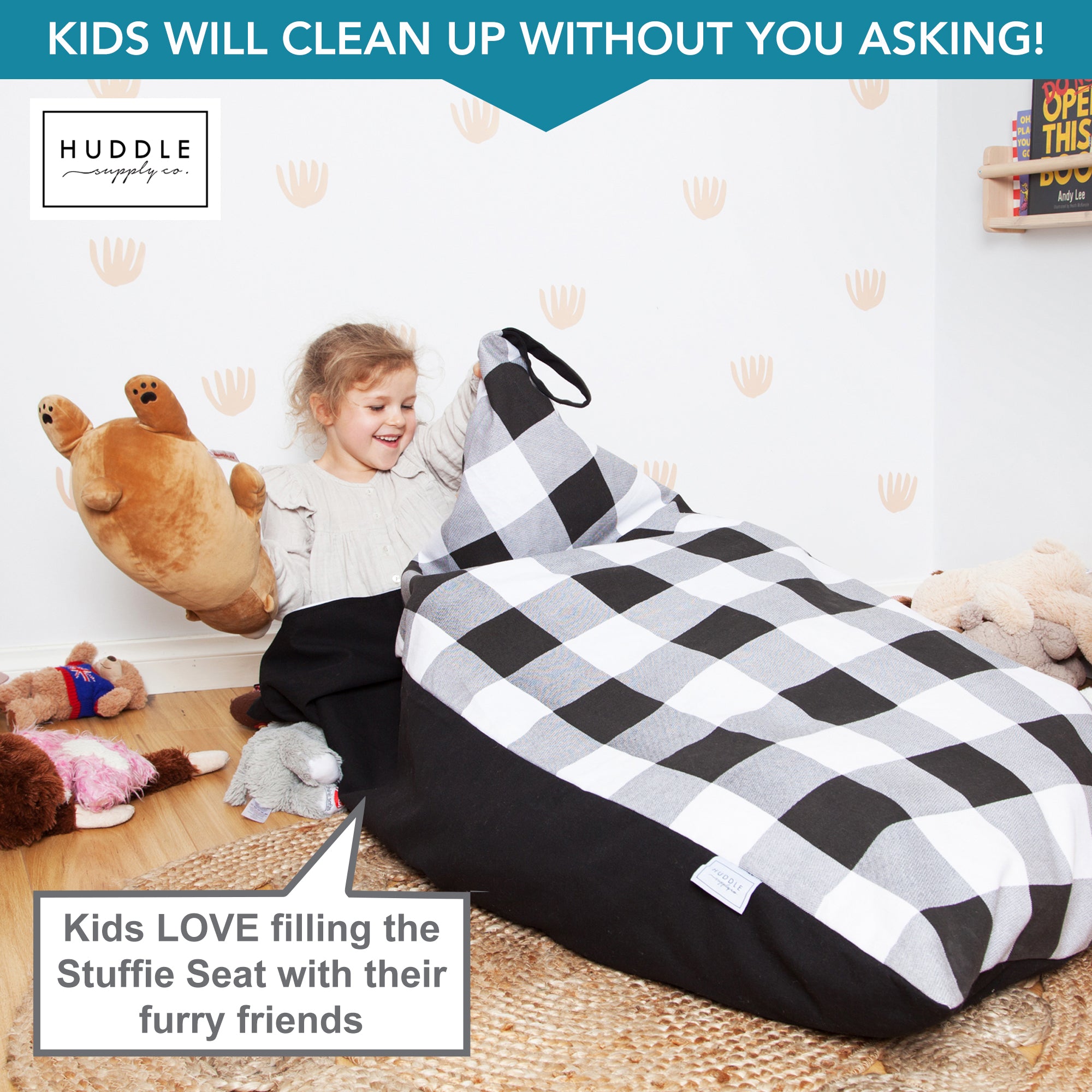Huddle Original Stuffed Animal Storage Chair Washable Bean Bag Cover (No Filler) for the Perfect Kids Bean Bag Chair. XL Bean Bag Stuffed Animal Storage Bags | Store 100+ Toys 100% Cotton Canvas Gingham