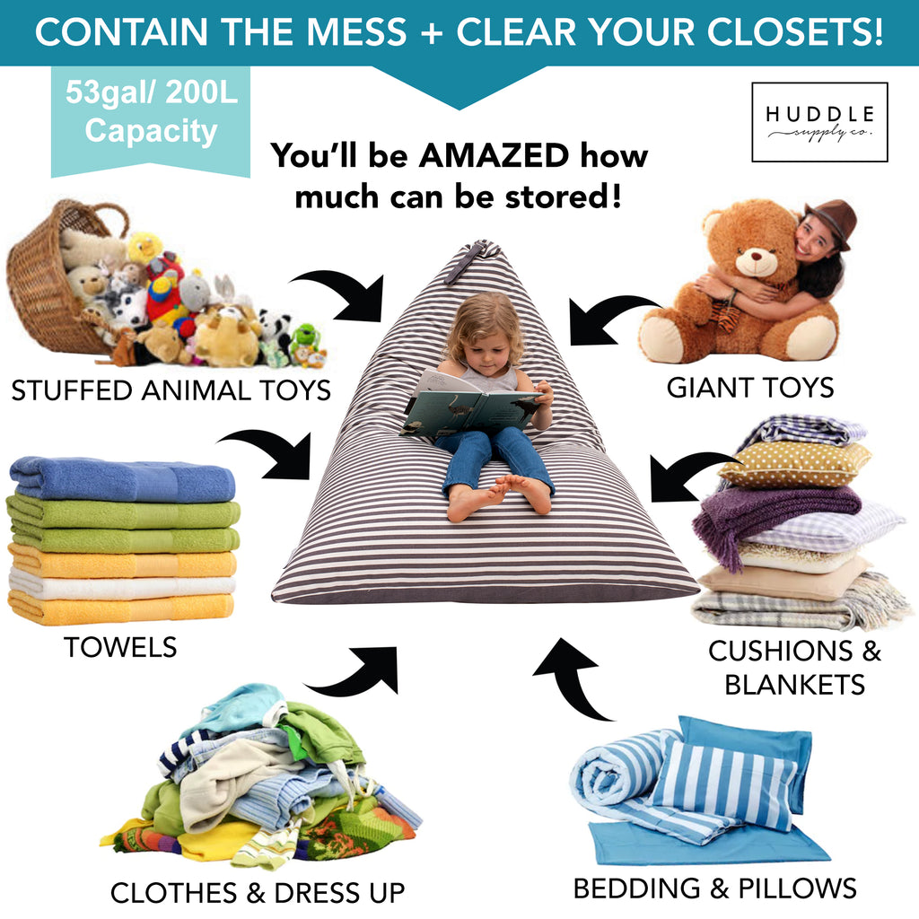 Stuffie Seat XL Grey and White Stripes Stuffed Animal Storage Bean Bag Chair Washable Cover (No Filler) for the Perfect Kids Bean Bag Chair. XL Bean Bag Stuffed Animal Storage Bags | Store 100+ Toys 100% Cotton Canvas Grey