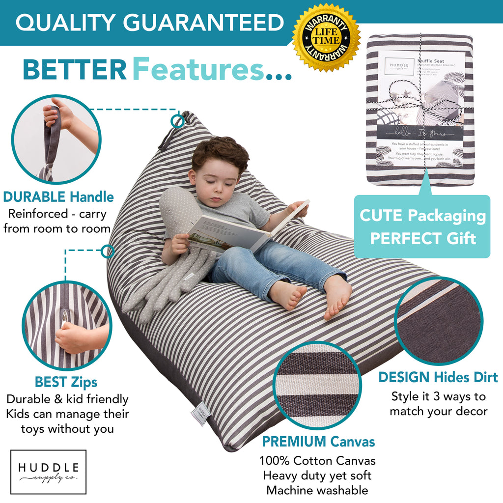 Stuffie Seat XL Grey and White Stripes Stuffed Animal Storage Bean Bag Chair Washable Cover (No Filler) for the Perfect Kids Bean Bag Chair. XL Bean Bag Stuffed Animal Storage Bags | Store 100+ Toys 100% Cotton Canvas Grey