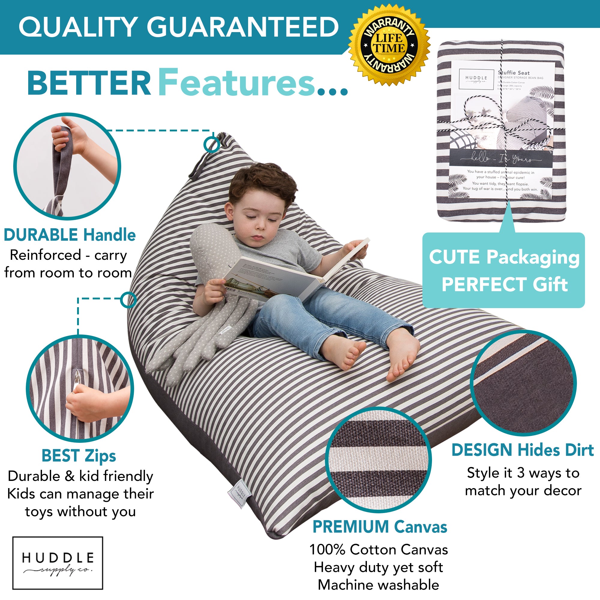Stuffie Seat XL Grey and White Stripes Stuffed Animal Storage Bean Bag Chair Washable Cover (No Filler) for the Perfect Kids Bean Bag Chair. XL Bean Bag Stuffed Animal Storage Bags | Store 100+ Toys 100% Cotton Canvas Grey