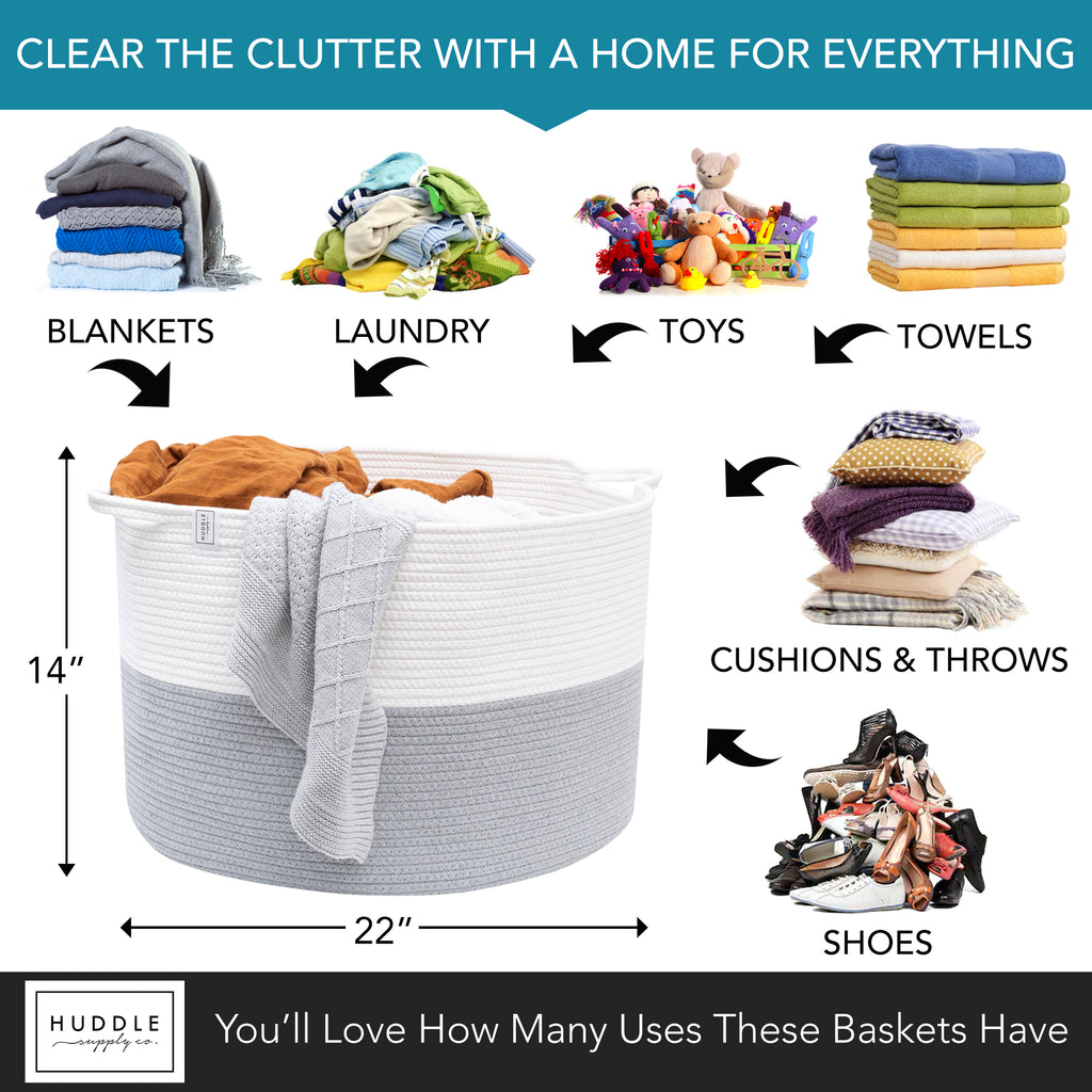 XXXL WASHABLE Large Blanket Basket 85L 2PCs Handmade Decorative Woven Baskets for Storage - Soft Durable XXX Large Cotton Rope Blanket Storage for Living Room, Toys, Organizer 22" x 14" (Grey/White)