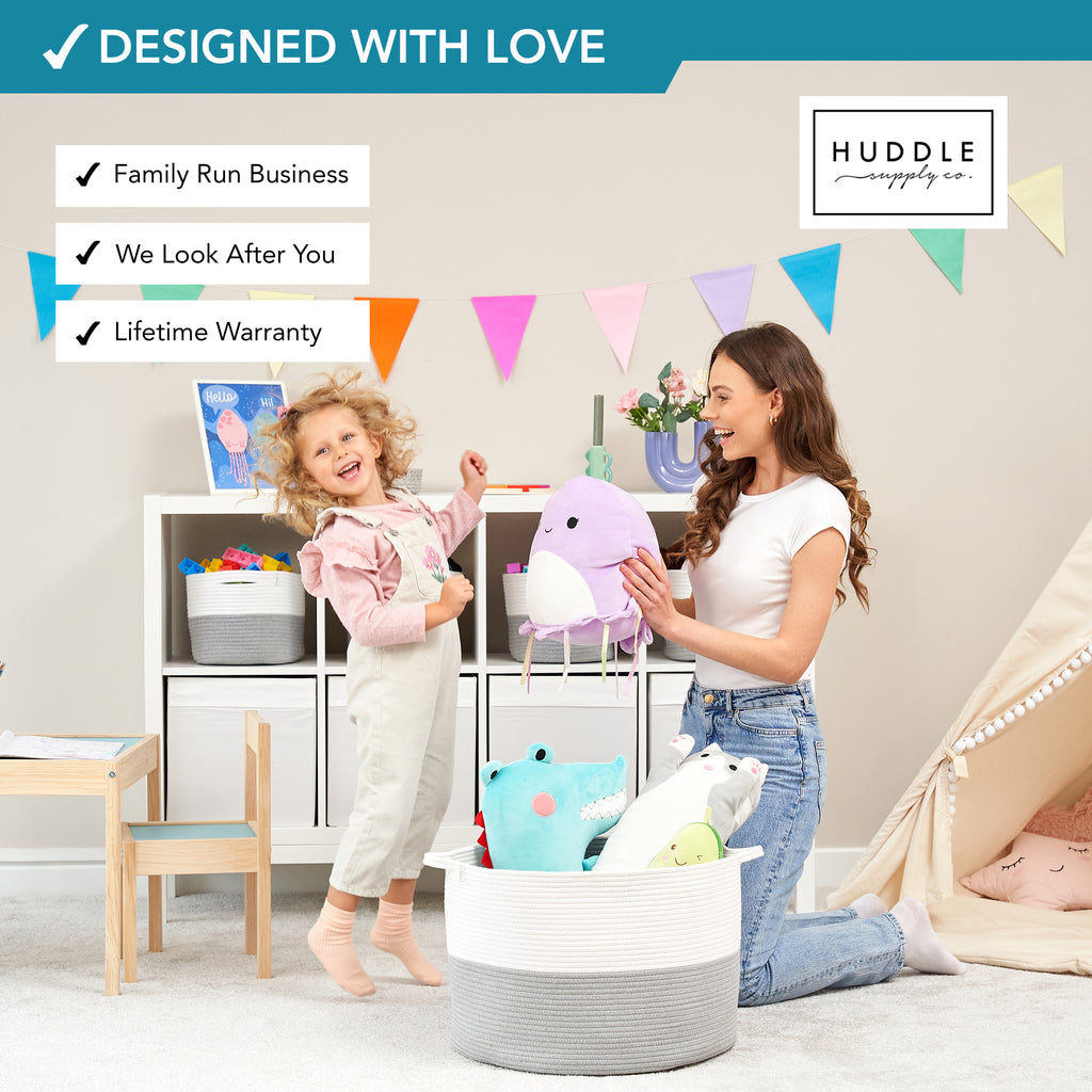 XXXL WASHABLE Large Blanket Basket 85L 2PCs Handmade Decorative Woven Baskets for Storage - Soft Durable XXX Large Cotton Rope Blanket Storage for Living Room, Toys, Organizer 22" x 14" (Grey/White)