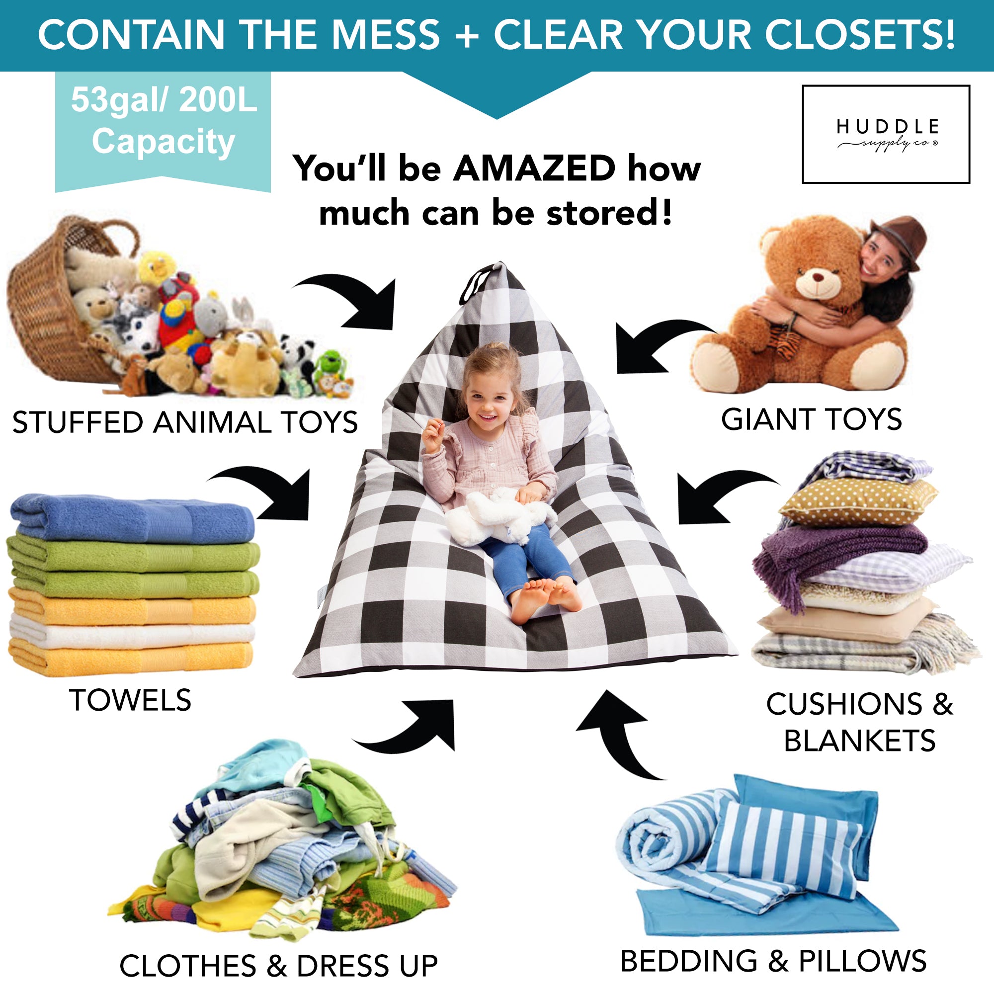 Huddle Original Stuffed Animal Storage Chair Washable Bean Bag Cover (No Filler) for the Perfect Kids Bean Bag Chair. XL Bean Bag Stuffed Animal Storage Bags | Store 100+ Toys 100% Cotton Canvas Gingham