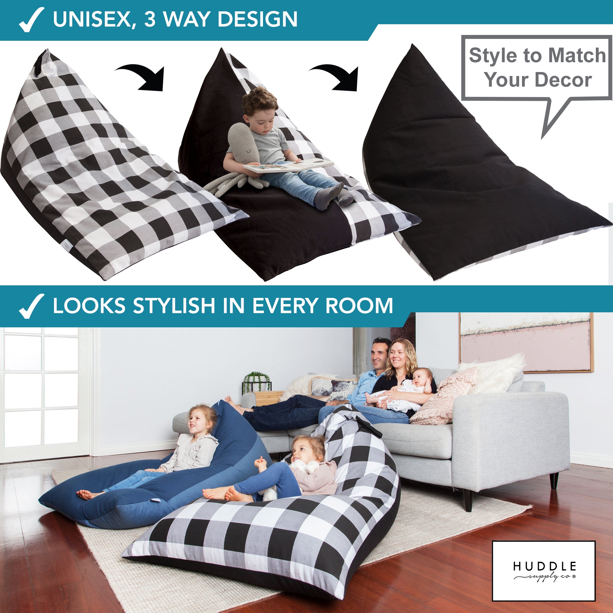 Huddle Original Stuffed Animal Storage Chair Washable Bean Bag Cover (No Filler) for the Perfect Kids Bean Bag Chair. XL Bean Bag Stuffed Animal Storage Bags | Store 100+ Toys 100% Cotton Canvas Gingham