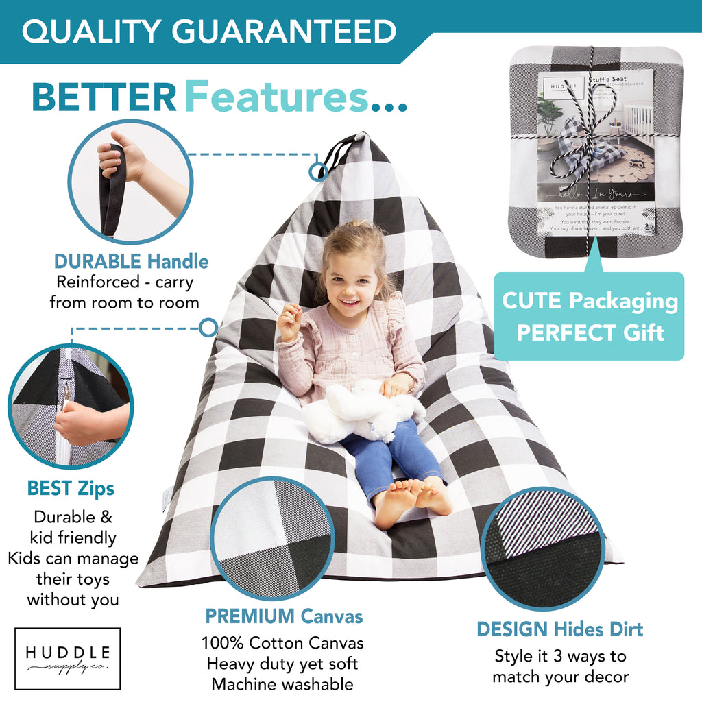 Huddle Original Stuffed Animal Storage Chair Washable Bean Bag Cover (No Filler) for the Perfect Kids Bean Bag Chair. XL Bean Bag Stuffed Animal Storage Bags | Store 100+ Toys 100% Cotton Canvas Gingham
