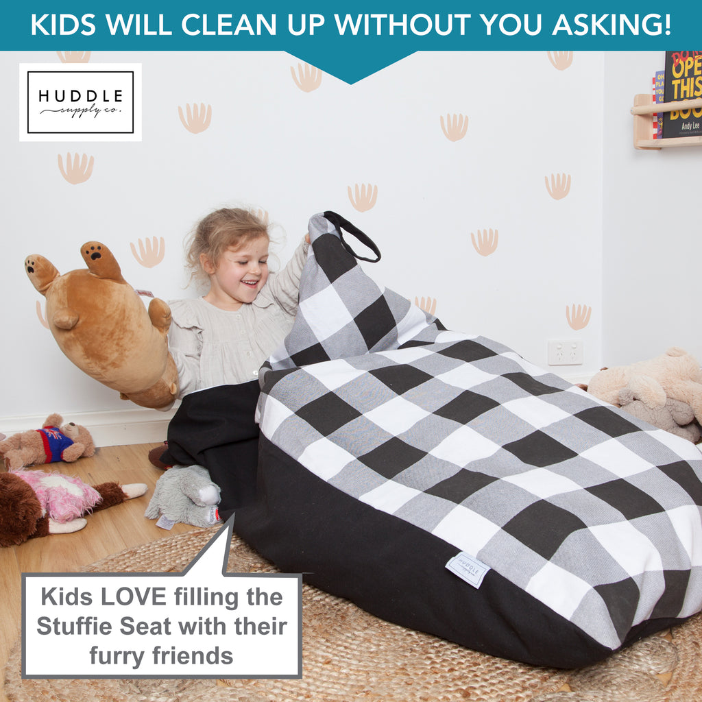 Huddle Original Stuffed Animal Storage Chair Washable Bean Bag Cover (No Filler) for the Perfect Kids Bean Bag Chair. XL Bean Bag Stuffed Animal Storage Bags | Store 100+ Toys 100% Cotton Canvas Gingham