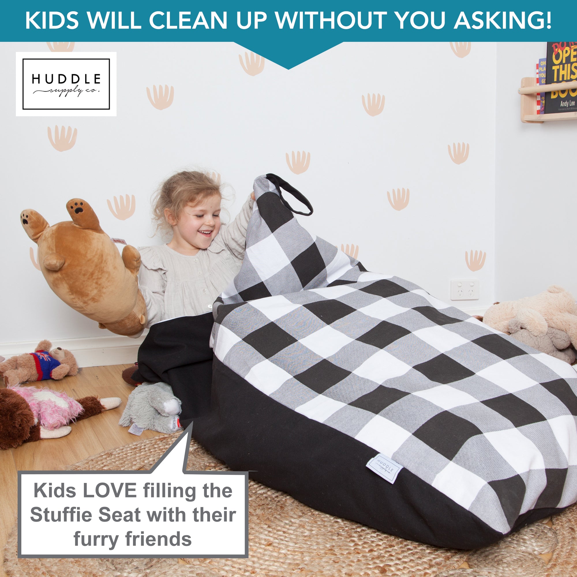 Huddle Original Stuffed Animal Storage Chair Washable Bean Bag Cover (No Filler) for the Perfect Kids Bean Bag Chair. XL Bean Bag Stuffed Animal Storage Bags | Store 100+ Toys 100% Cotton Canvas Gingham