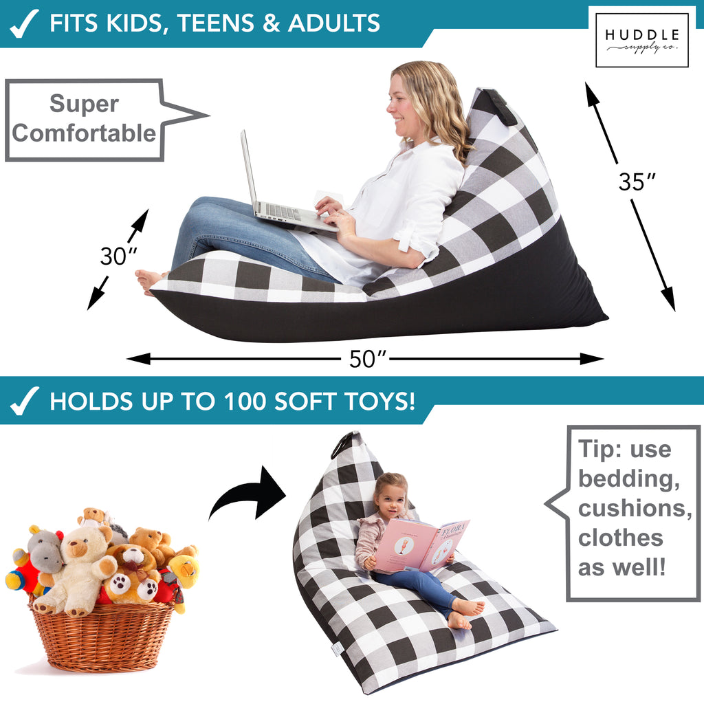 Huddle Original Stuffed Animal Storage Chair Washable Bean Bag Cover (No Filler) for the Perfect Kids Bean Bag Chair. XL Bean Bag Stuffed Animal Storage Bags | Store 100+ Toys 100% Cotton Canvas Gingham