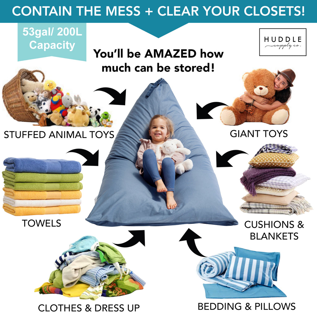 Huddle Original Stuffed Animal Storage Chair Washable Bean Bag Cover (No Filler) for the Perfect Kids Bean Bag Chair. XL Bean Bag Stuffed Animal Storage Bags | Store 100+ Toys 100% Cotton Blue Denim