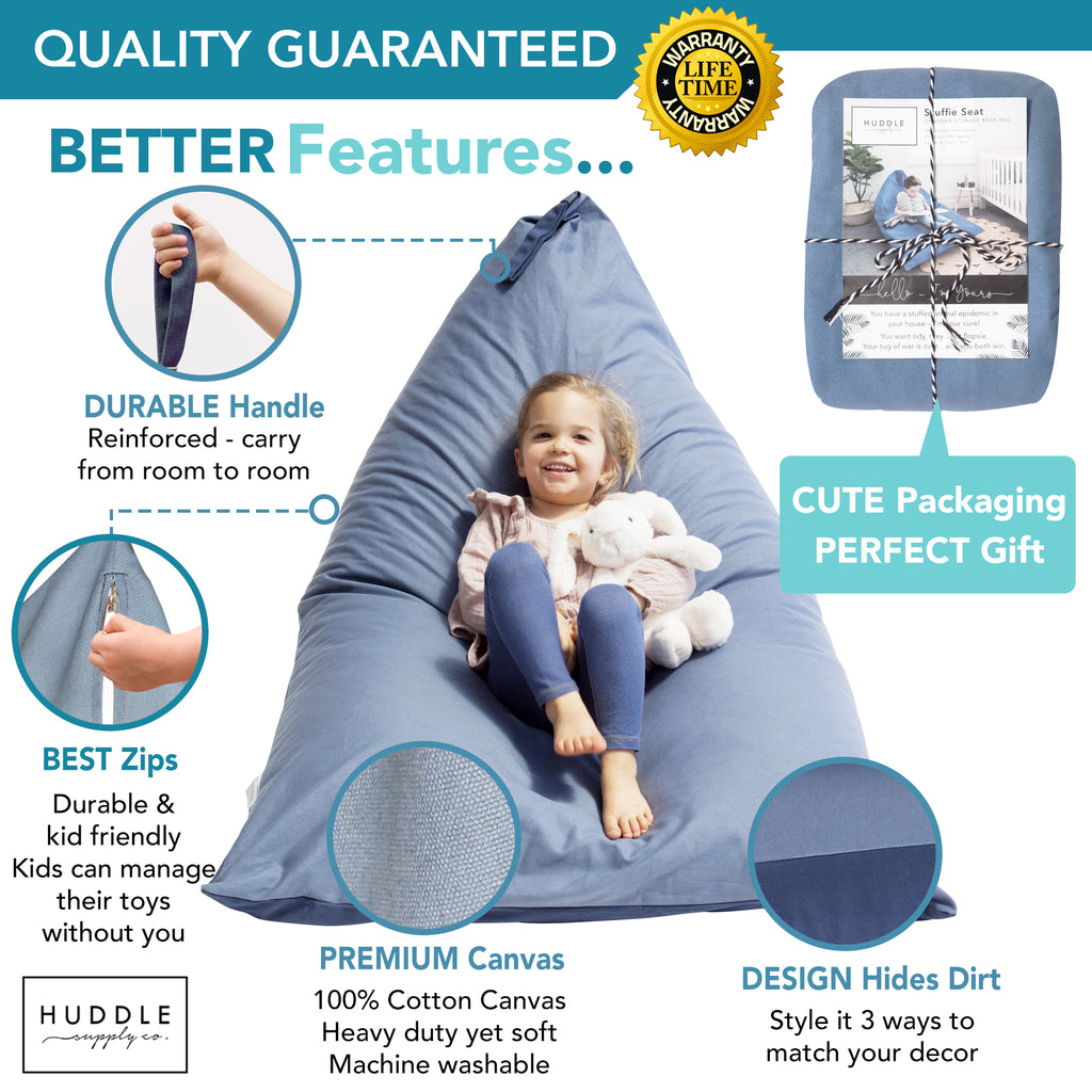 Huddle Original Stuffed Animal Storage Chair Washable Bean Bag Cover (No Filler) for the Perfect Kids Bean Bag Chair. XL Bean Bag Stuffed Animal Storage Bags | Store 100+ Toys 100% Cotton Blue Denim
