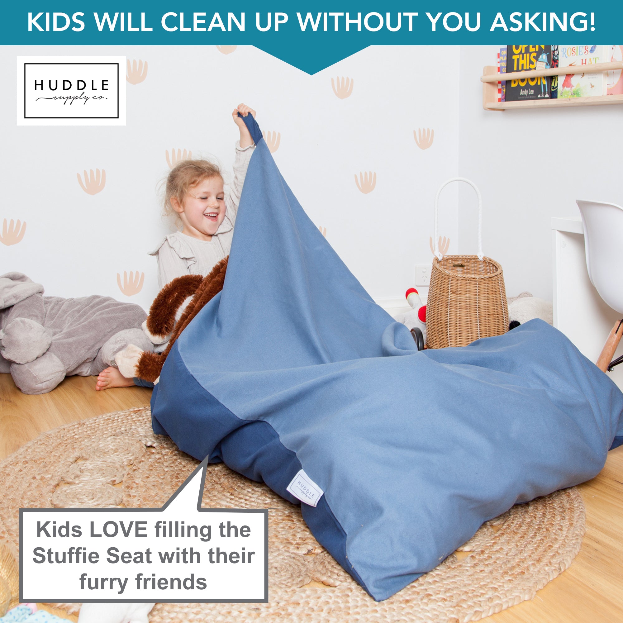 Huddle Original Stuffed Animal Storage Chair Washable Bean Bag Cover (No Filler) for the Perfect Kids Bean Bag Chair. XL Bean Bag Stuffed Animal Storage Bags | Store 100+ Toys 100% Cotton Blue Denim