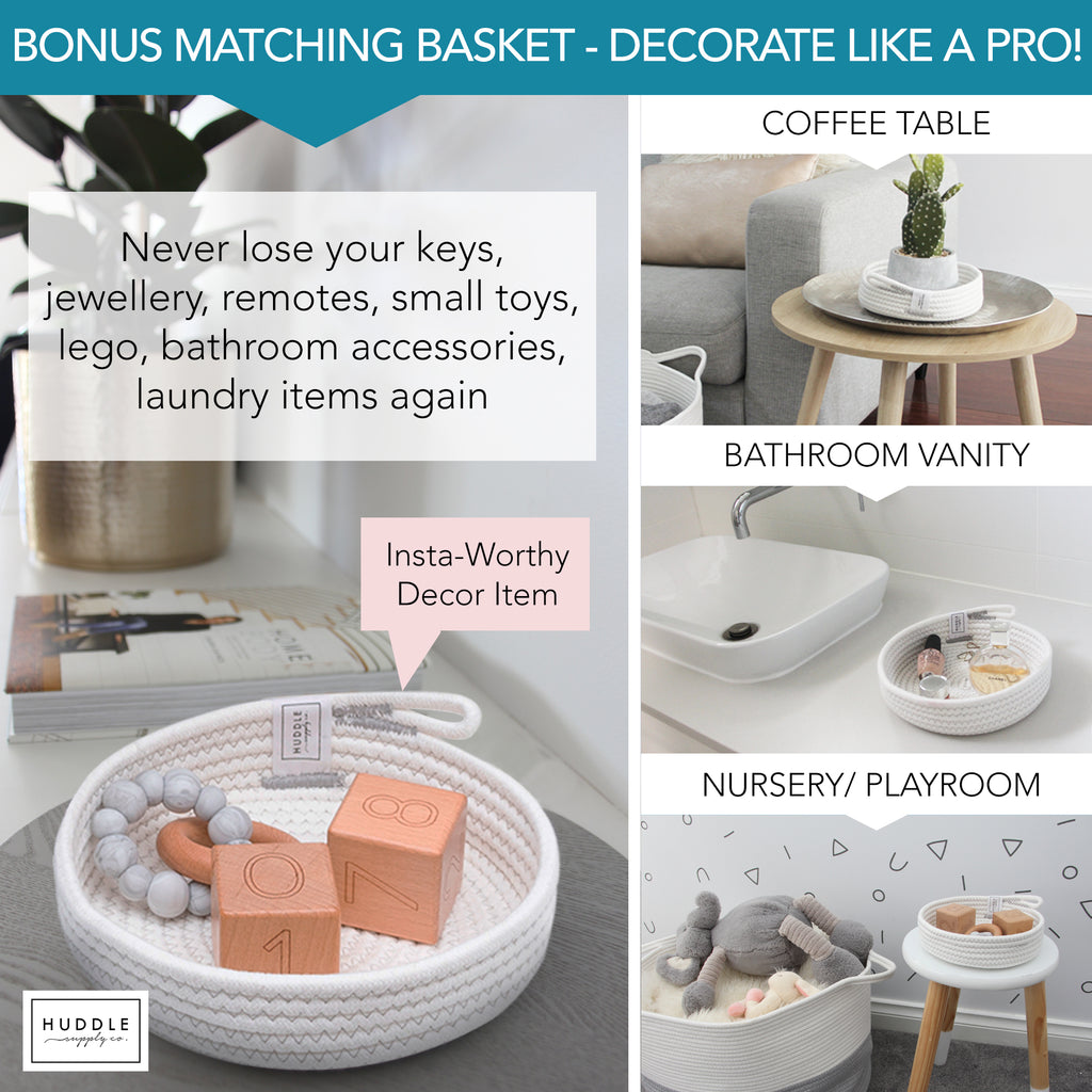 XXXXL WASHABLE Jumbo 125L Extra Large Blanket Basket, Woven Decorative Cotton Rope Basket with Handles for Laundry, Living Room, Baby Toys Nursery, Storage, Organization Bins 24" x 17" (Grey & White)