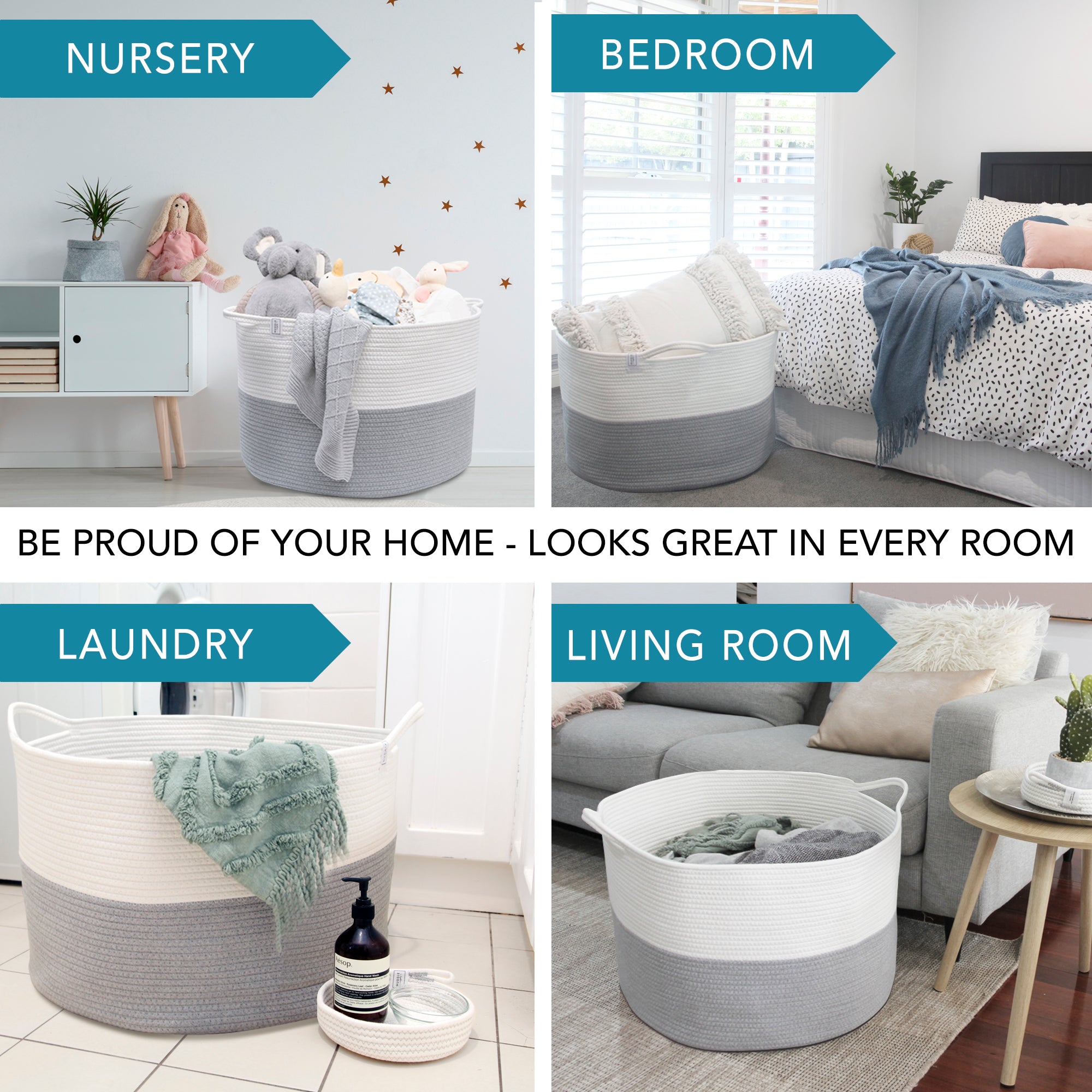 XXXXL WASHABLE Jumbo 125L Extra Large Blanket Basket, Woven Decorative Cotton Rope Basket with Handles for Laundry, Living Room, Baby Toys Nursery, Storage, Organization Bins 24" x 17" (Grey & White)