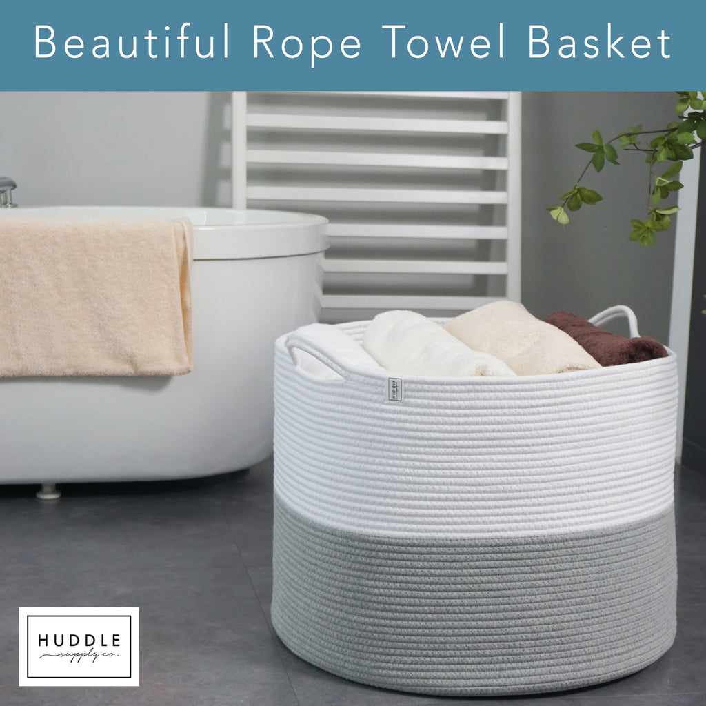 XXXXL WASHABLE Jumbo 125L Extra Large Blanket Basket, Woven Decorative Cotton Rope Basket with Handles for Laundry, Living Room, Baby Toys Nursery, Storage, Organization Bins 24" x 17" (Grey & White)