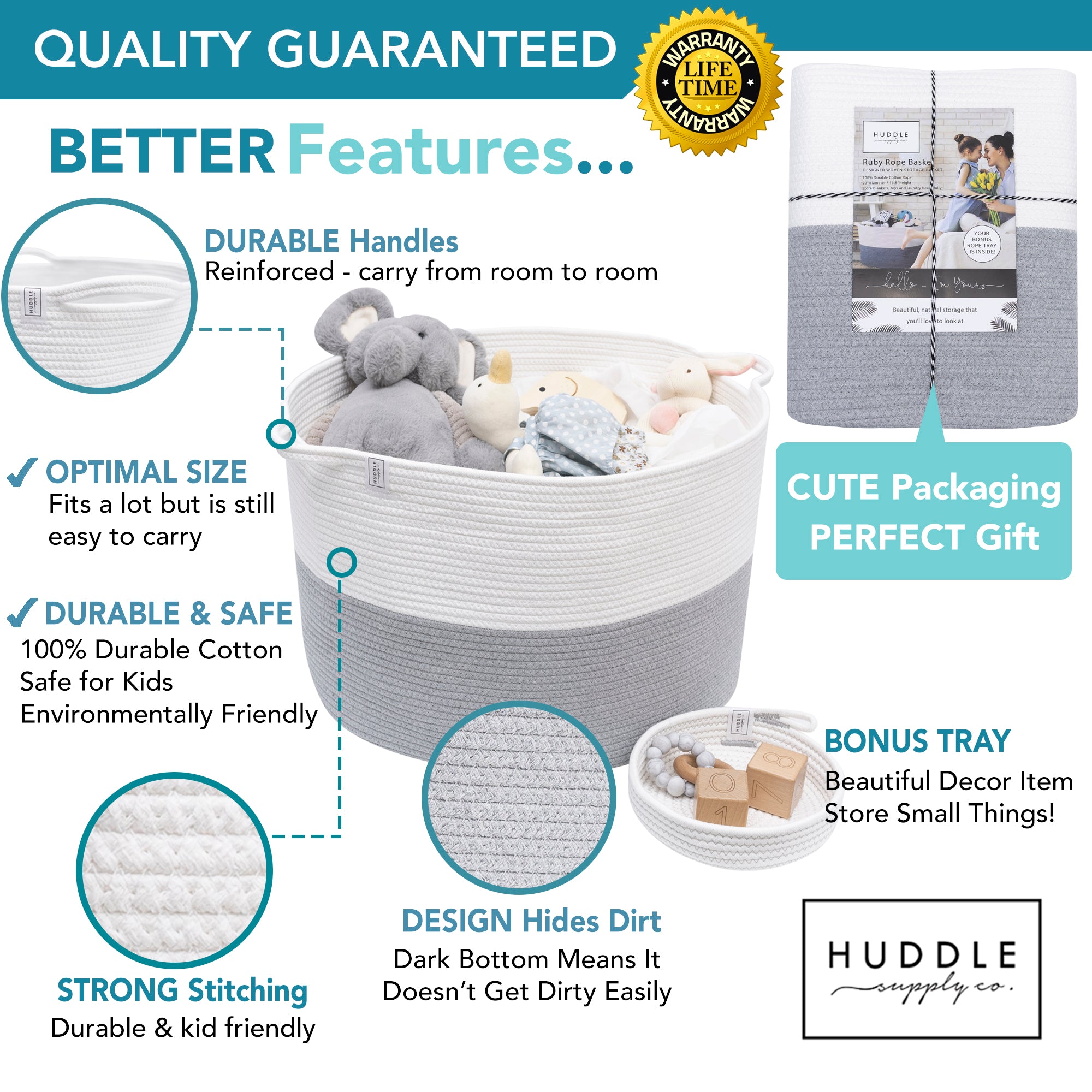 XXXXL WASHABLE Jumbo 125L Extra Large Blanket Basket, Woven Decorative Cotton Rope Basket with Handles for Laundry, Living Room, Baby Toys Nursery, Storage, Organization Bins 24" x 17" (Grey & White)