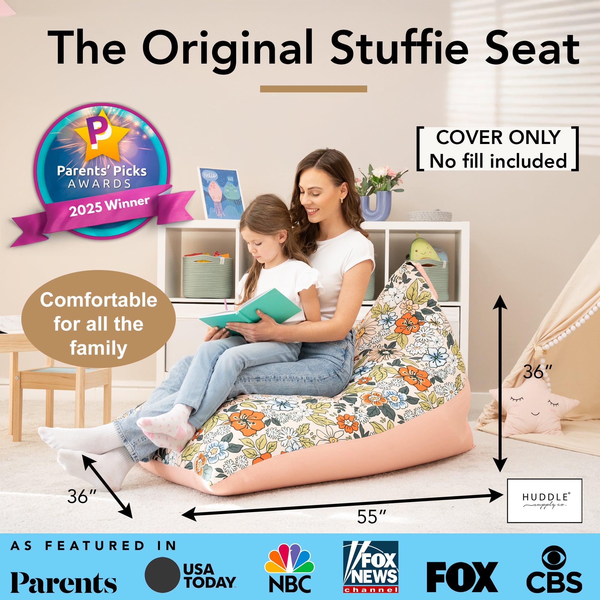 HUDDLE Original Cover for Stuffed Animal Bean Bag Storage (No Filler) XL Designer Beanbag Chairs for Kids & Adults | Instant Clutter Clear for Stylish Moms - 100% Cotton Canvas Chair Cover Boho Floral