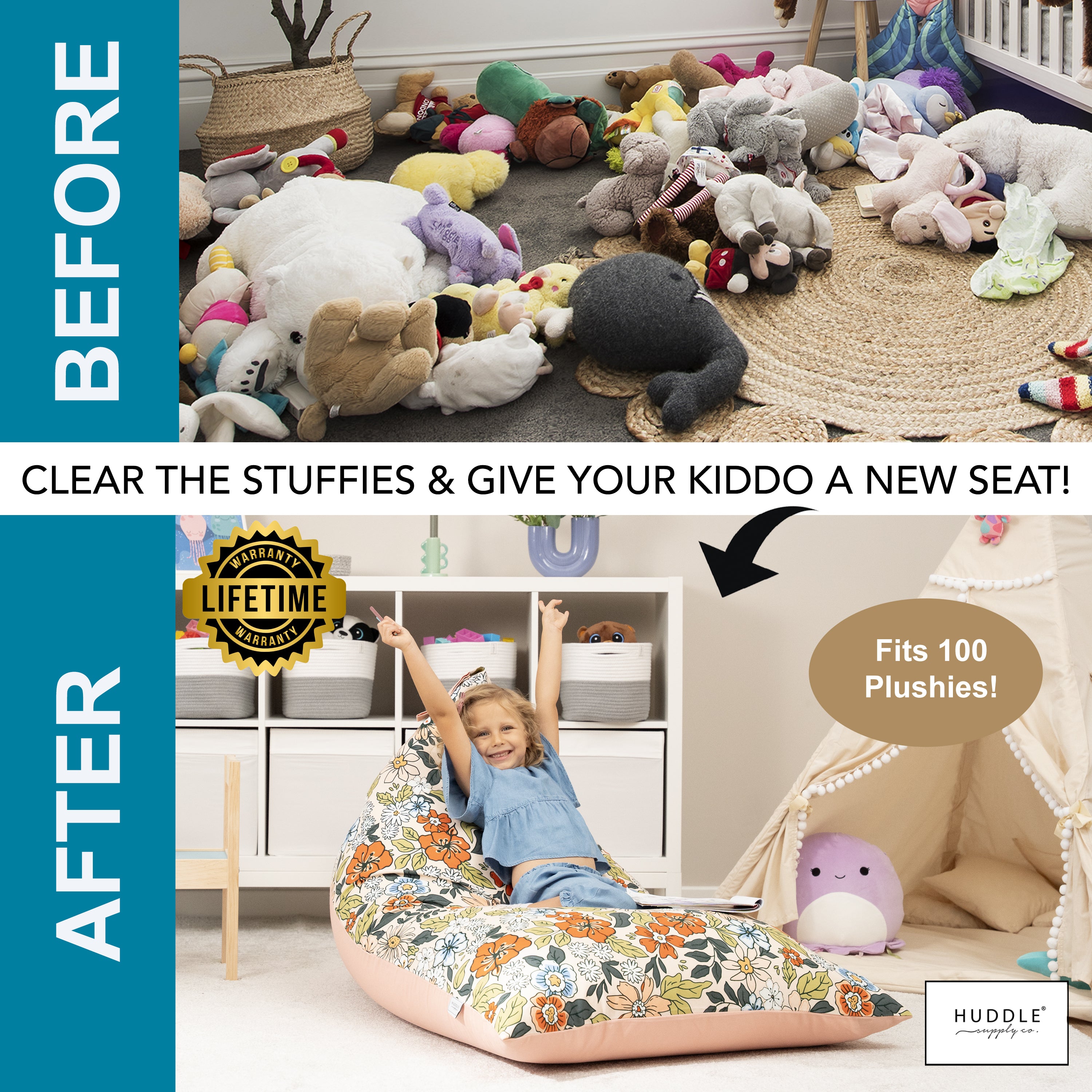 HUDDLE Original Cover for Stuffed Animal Bean Bag Storage (No Filler) XL Designer Beanbag Chairs for Kids & Adults | Instant Clutter Clear for Stylish Moms - 100% Cotton Canvas Chair Cover Boho Floral