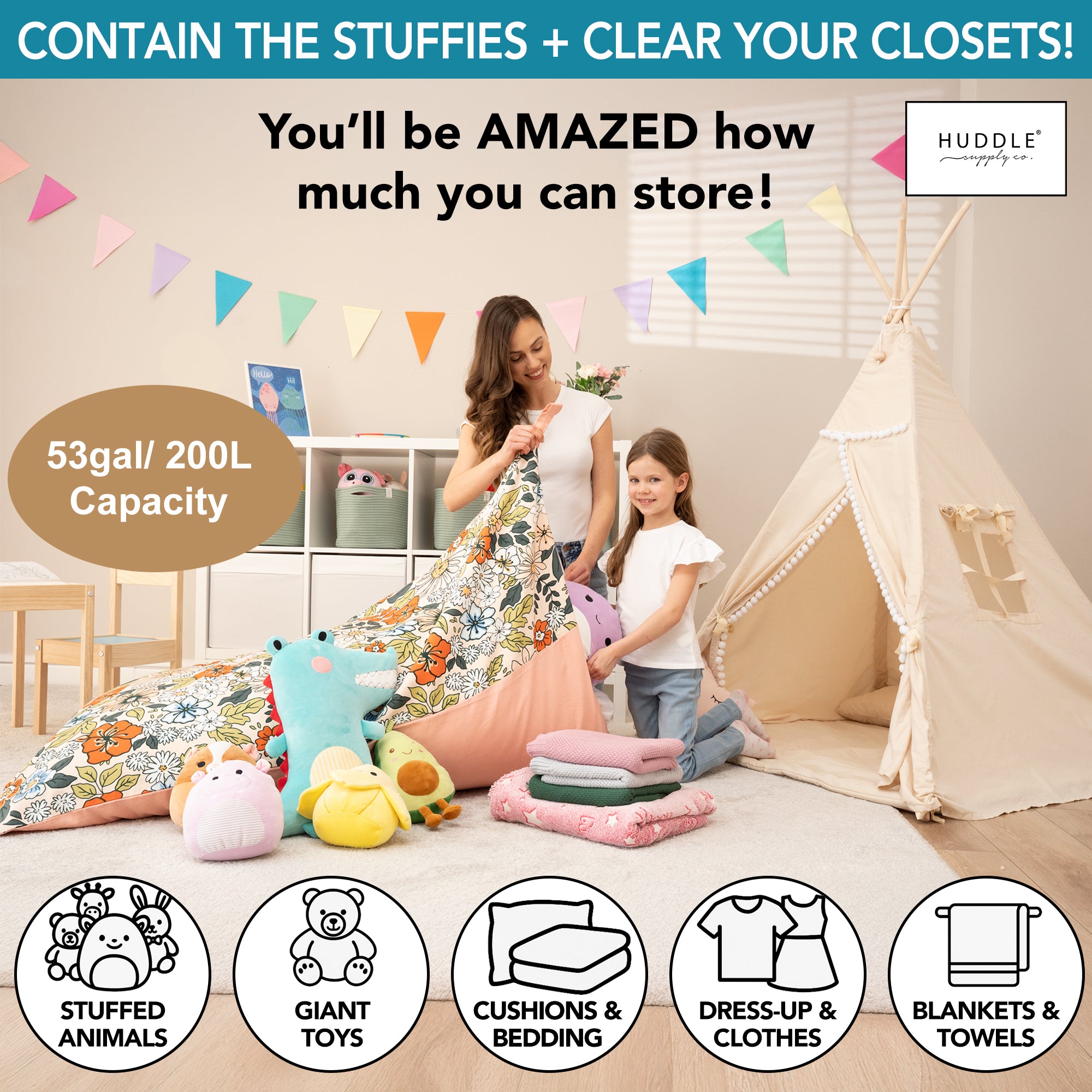 HUDDLE Original Cover for Stuffed Animal Bean Bag Storage (No Filler) XL Designer Beanbag Chairs for Kids & Adults | Instant Clutter Clear for Stylish Moms - 100% Cotton Canvas Chair Cover Boho Floral