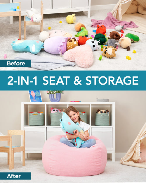 HUDDLE Original Cover for Stuffed Animal Bean Bag Storage (No Filler) Large Designer Beanbag Chairs for Kids Teen & Adults | Instant Clutter Clear for Style Moms - Stuffed Animal Storage Pink Corduroy