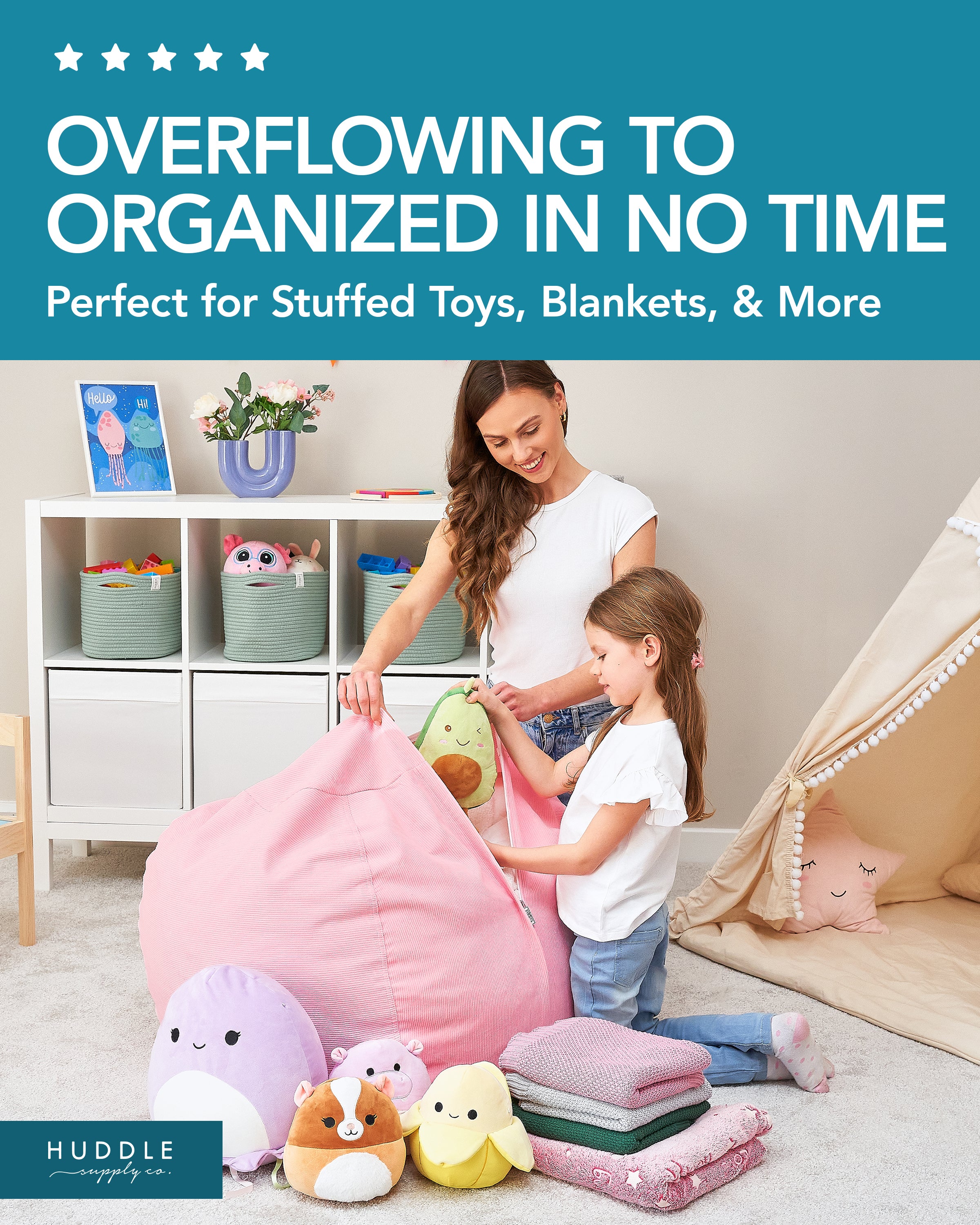 HUDDLE Original Cover for Stuffed Animal Bean Bag Storage (No Filler) Large Designer Beanbag Chairs for Kids Teen & Adults | Instant Clutter Clear for Style Moms - Stuffed Animal Storage Pink Corduroy