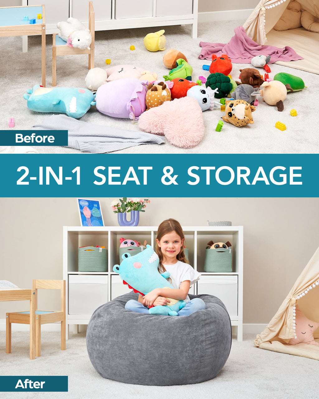 Huddle Original Cover for Stuffed Animal Bean Bag Storage Washable Designer XL Bean Bag for Stuffed Animals Storage Premium Stuffable Bag for Kids| Wide Strong Zipper and Handle, Thick Corduroy