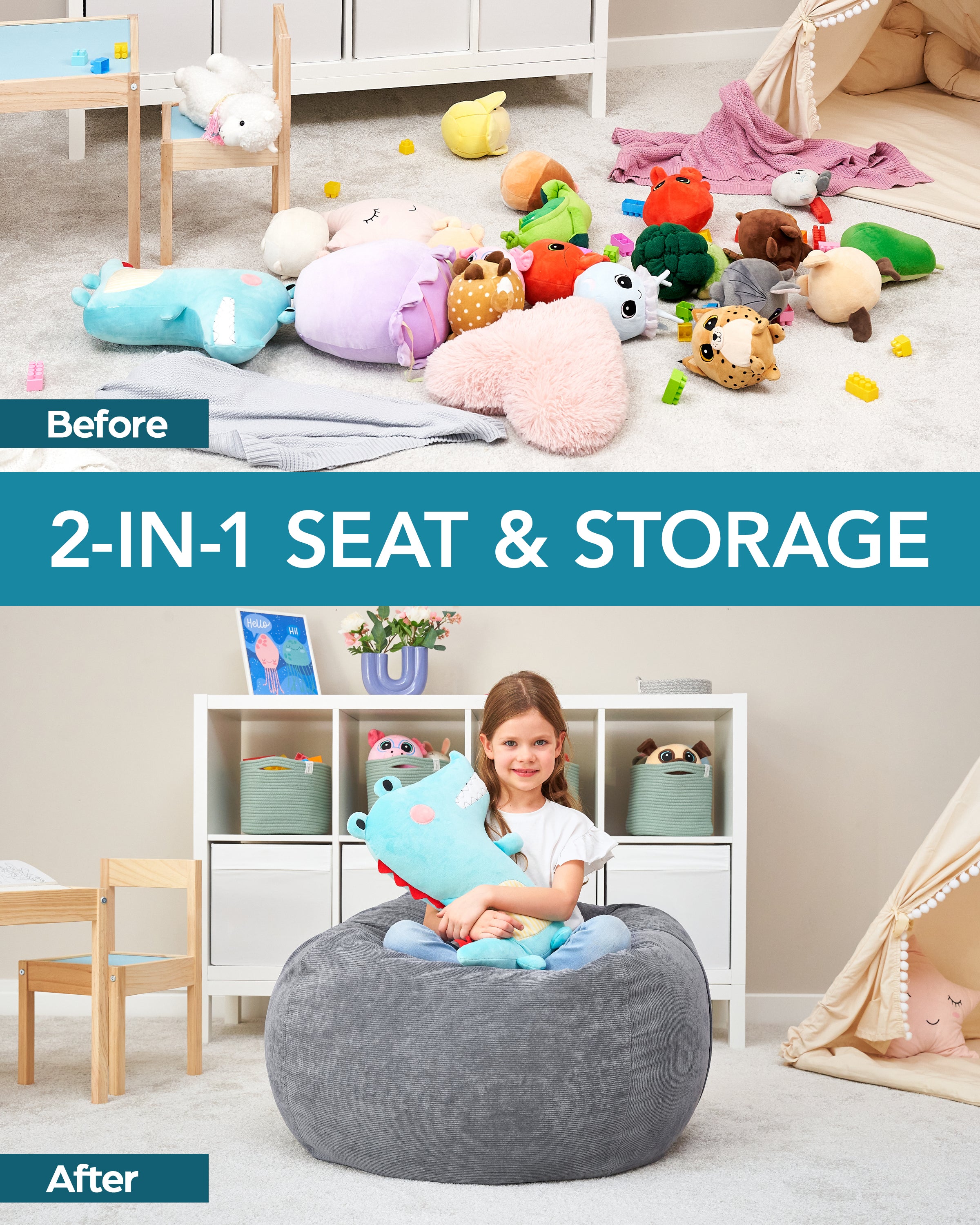 Huddle Original Cover for Stuffed Animal Bean Bag Storage Washable Designer XL Bean Bag for Stuffed Animals Storage Premium Stuffable Bag for Kids| Wide Strong Zipper and Handle, Thick Corduroy