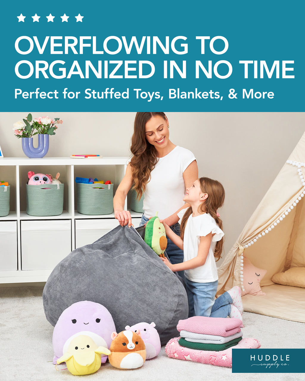 Huddle Original Cover for Stuffed Animal Bean Bag Storage Washable Designer XL Bean Bag for Stuffed Animals Storage Premium Stuffable Bag for Kids| Wide Strong Zipper and Handle, Thick Corduroy
