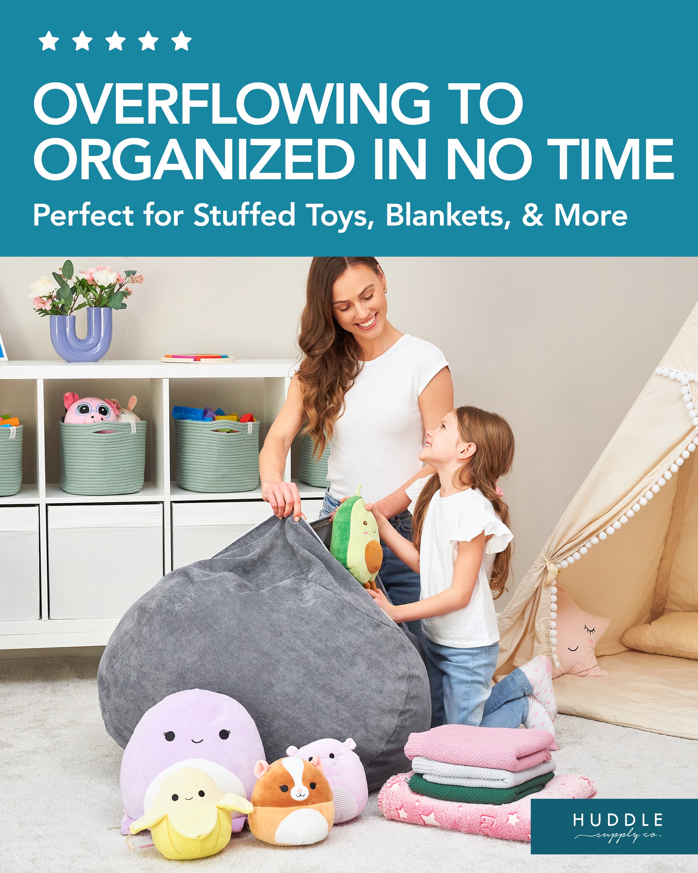 Huddle Original Cover for Stuffed Animal Bean Bag Storage Washable Designer XL Bean Bag for Stuffed Animals Storage Premium Stuffable Bag for Kids| Wide Strong Zipper and Handle, Thick Corduroy