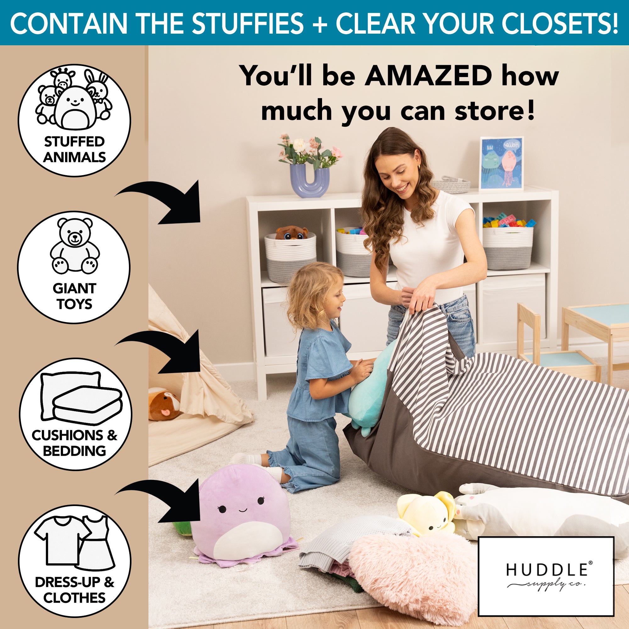 Huddle Original Cover for Stuffed Animal Bean Bag Storage (No Filler) Large Designer Beanbag Chair for Kids & Adults | Instant Stylish Clutter Clear - 100% Cotton Stuffed Animal Storage Chair Grey