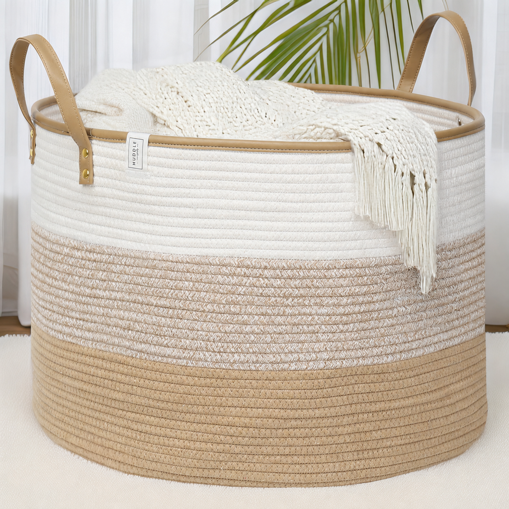 XXXL Vegan Leather Cotton Rope Blanket Durable Handles 85L 2PCs Decorative Woven Baskets for Storage - Soft Durable XXX Large Cotton Rope Blanket Storage Living Room, Toys 22" x 14" (Brown/White)