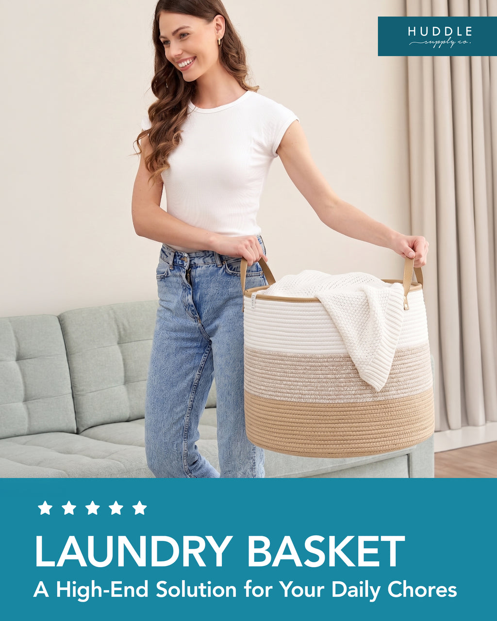 XXXL Vegan Leather Cotton Rope Blanket Durable Handles 85L 2PCs Decorative Woven Baskets for Storage - Soft Durable XXX Large Cotton Rope Blanket Storage Living Room, Toys 22" x 14" (Brown/White)