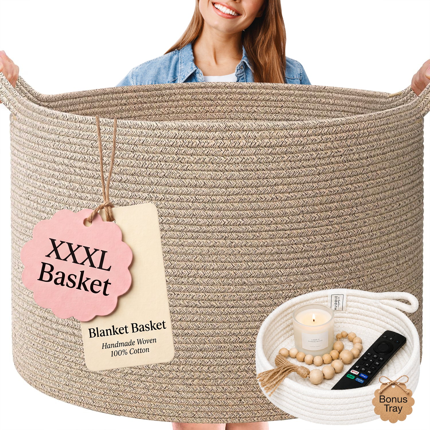 Huddle XXXLarge WASHABLE Blanket Basket for Living Room,Toys Storage, Baby Woven Decorative Soft Cotton Rope Big Blanket Basket+Mini Basket for Nursery, Dog Toys, Storage, Organization 22x14 Oatmeal