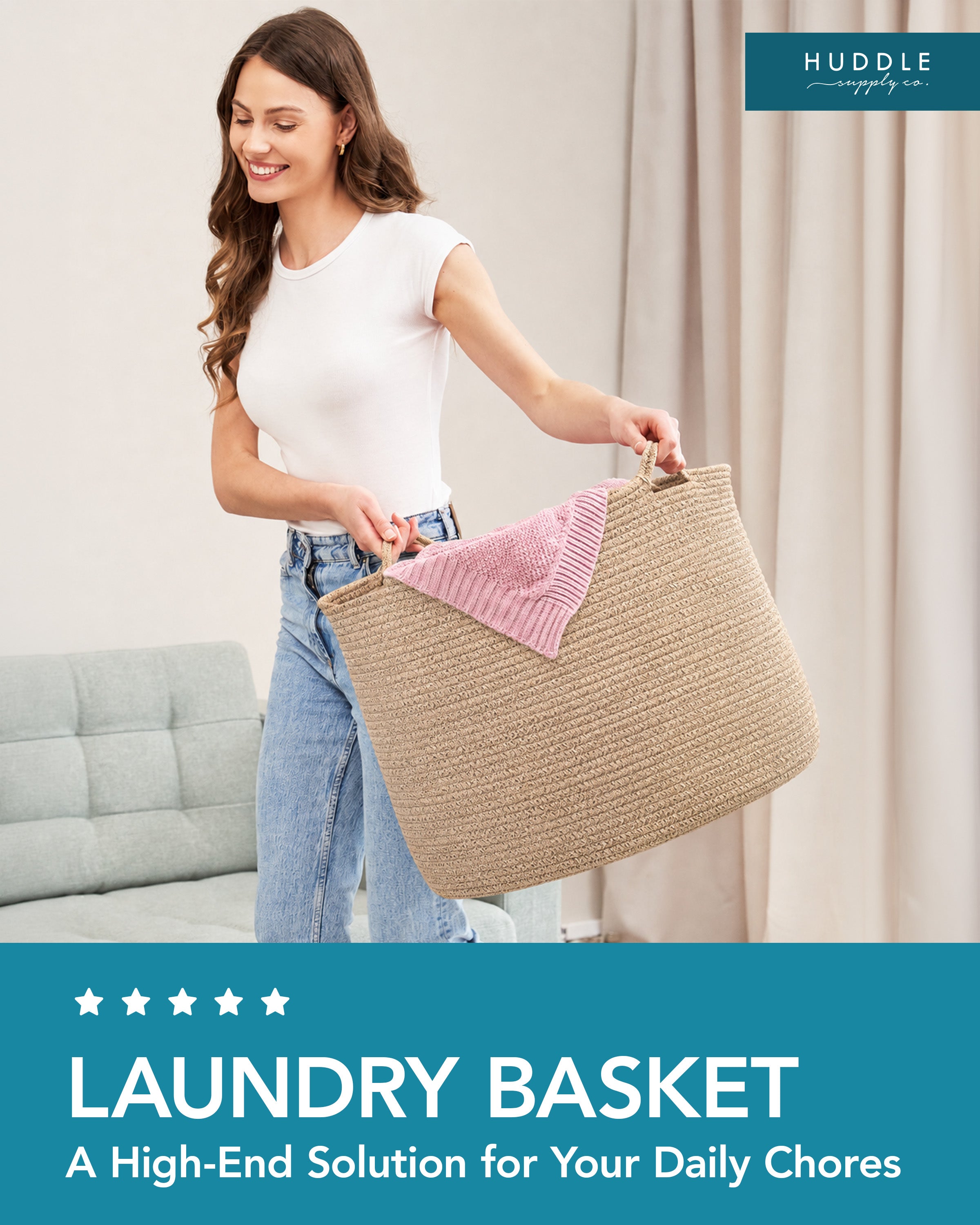 Huddle XXXLarge WASHABLE Blanket Basket for Living Room,Toys Storage, Baby Woven Decorative Soft Cotton Rope Big Blanket Basket+Mini Basket for Nursery, Dog Toys, Storage, Organization 22x14 Oatmeal