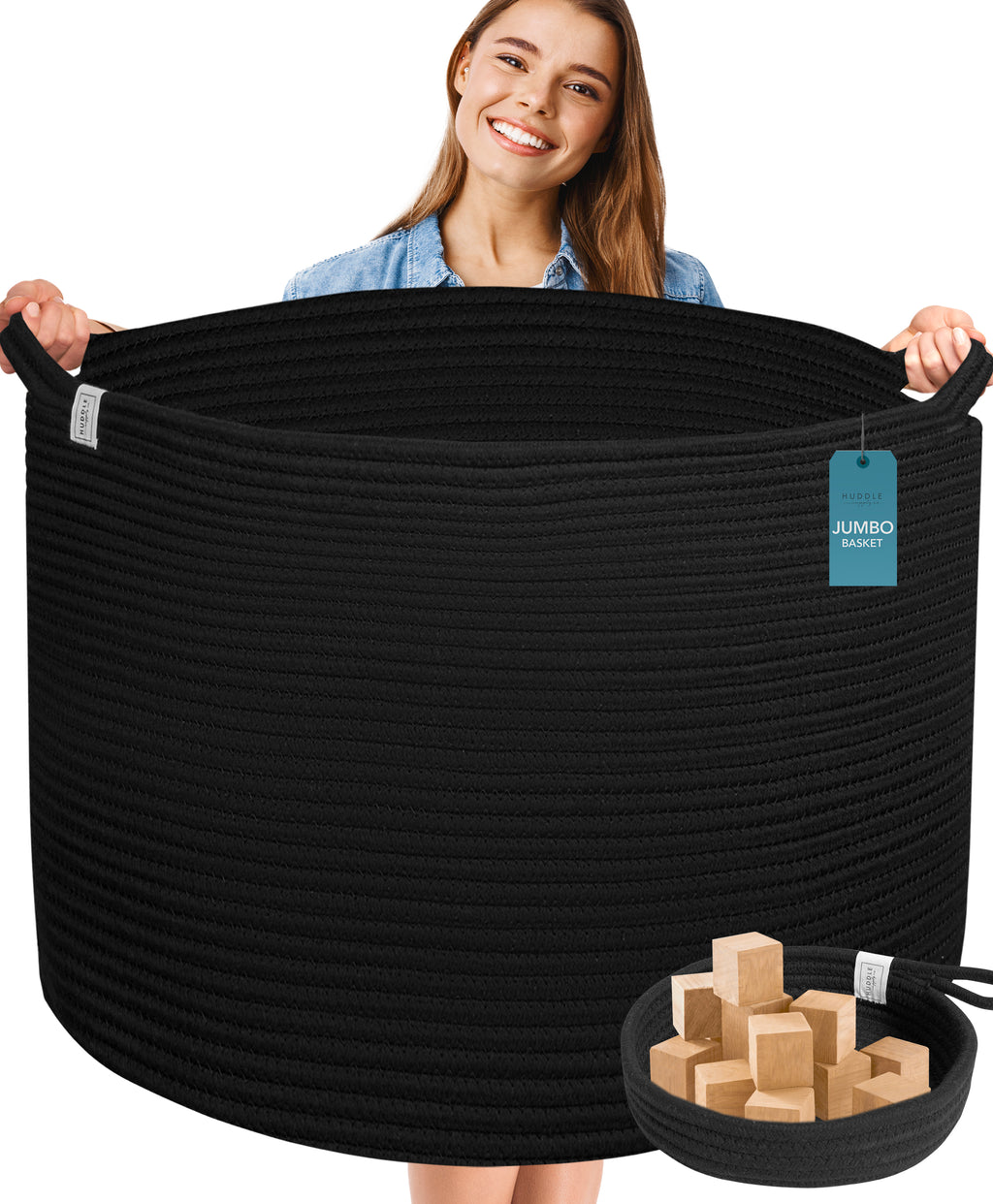XXXXL WASHABLE Large Black Basket Blanket Basket Living Room 2PCs Toy Baskets Storage Kids Woven Rope XXX Extra Large Basket for Blankets,Pillows,Throws,Laundry + Small Basket | BIG Basket Blanket