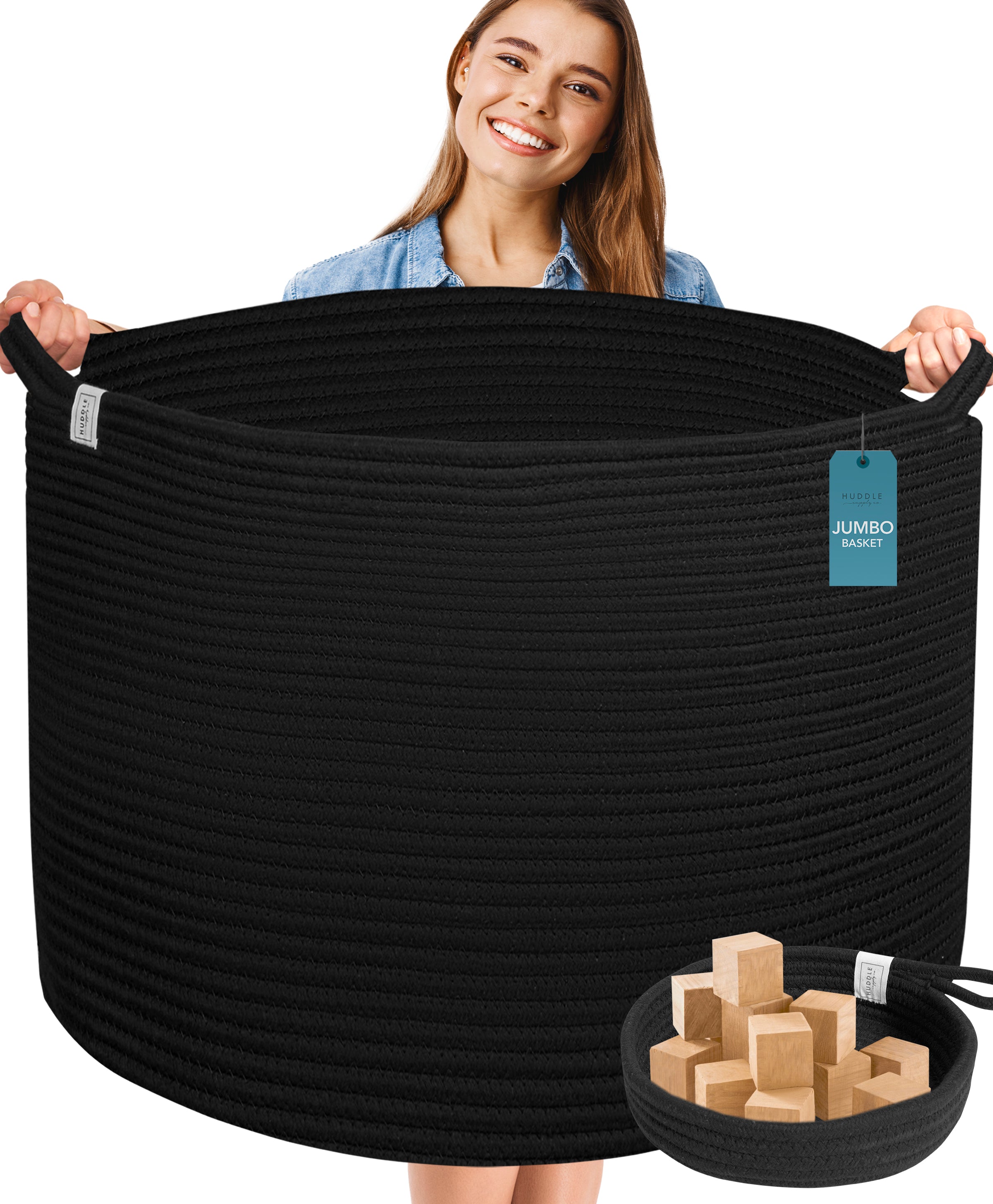 XXXXL WASHABLE Large Black Basket Blanket Basket Living Room 2PCs Toy Baskets Storage Kids Woven Rope XXX Extra Large Basket for Blankets,Pillows,Throws,Laundry + Small Basket | BIG Basket Blanket