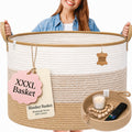 XXXL Vegan Leather Cotton Rope Blanket Durable Handles 85L 2PCs Decorative Woven Baskets for Storage - Soft Durable XXX Large Cotton Rope Blanket Storage Living Room, Toys 22" x 14" (Brown/White)