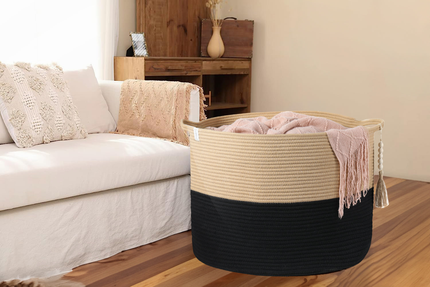 XXXXL WASHABLE Blanket Basket Living Room Boho 24" x 17" 2PCs Toy Baskets Woven Rope Basket for Blankets,Pillows,Throws,Laundry + Small Tray | Woven Storage Wicker (Black & Brown)