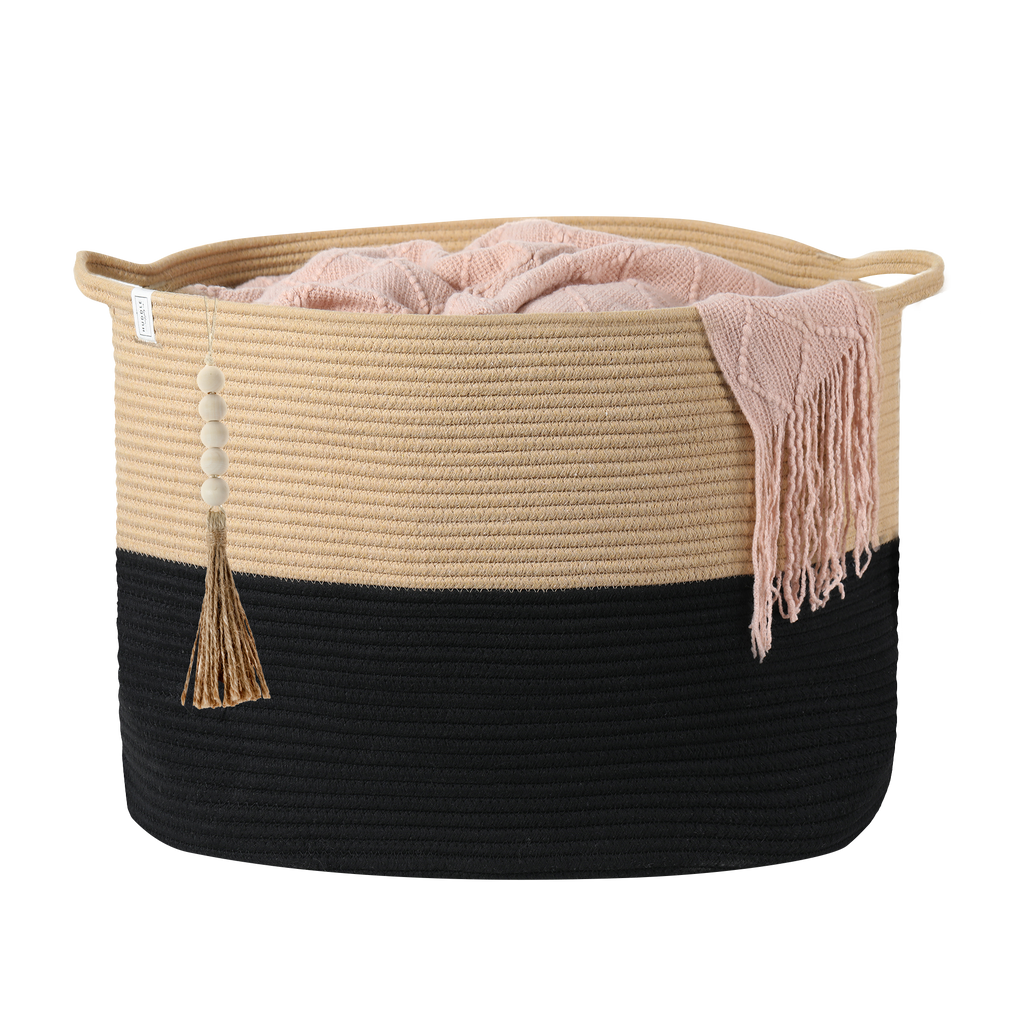 XXXXL WASHABLE Blanket Basket Living Room Boho 24" x 17" 2PCs Toy Baskets Woven Rope Basket for Blankets,Pillows,Throws,Laundry + Small Tray | Woven Storage Wicker (Black & Brown)