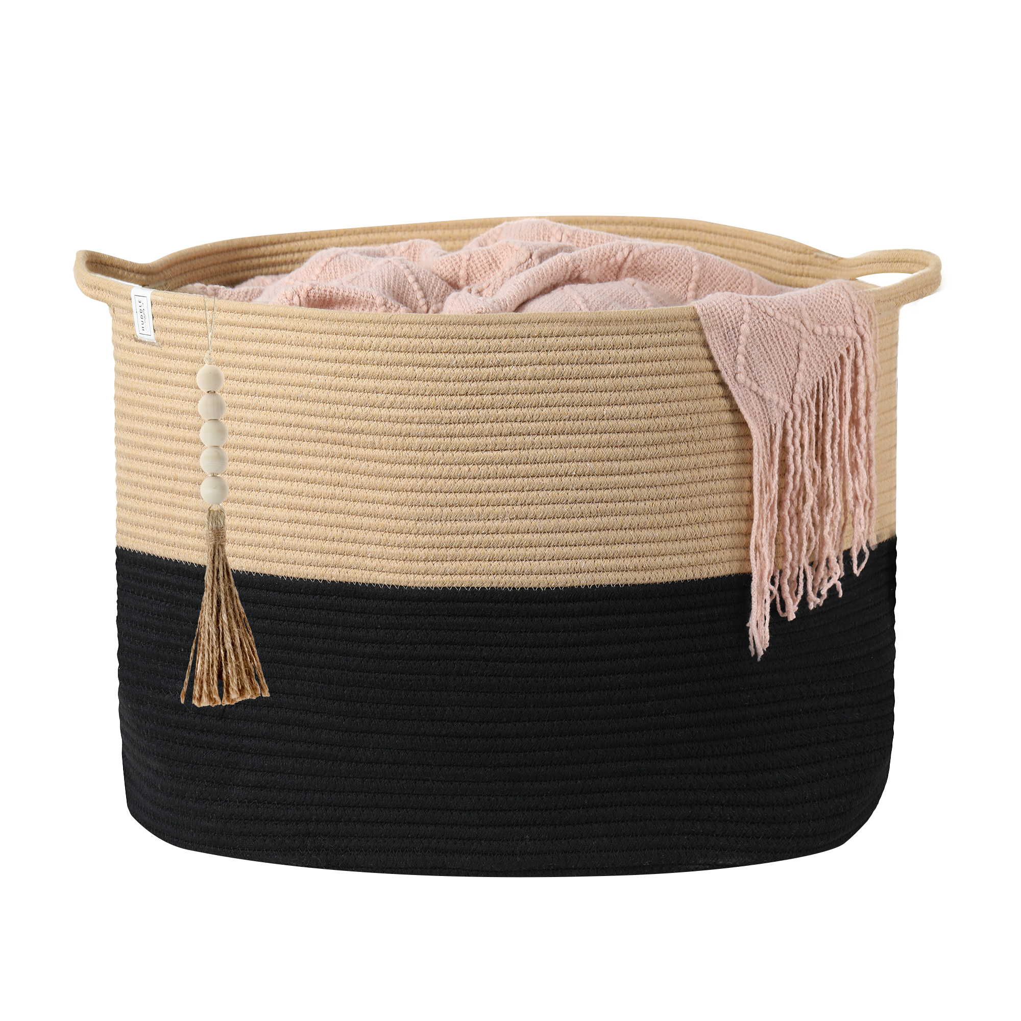 XXXXL WASHABLE Blanket Basket Living Room Boho 24" x 17" 2PCs Toy Baskets Woven Rope Basket for Blankets,Pillows,Throws,Laundry + Small Tray | Woven Storage Wicker (Black & Brown)