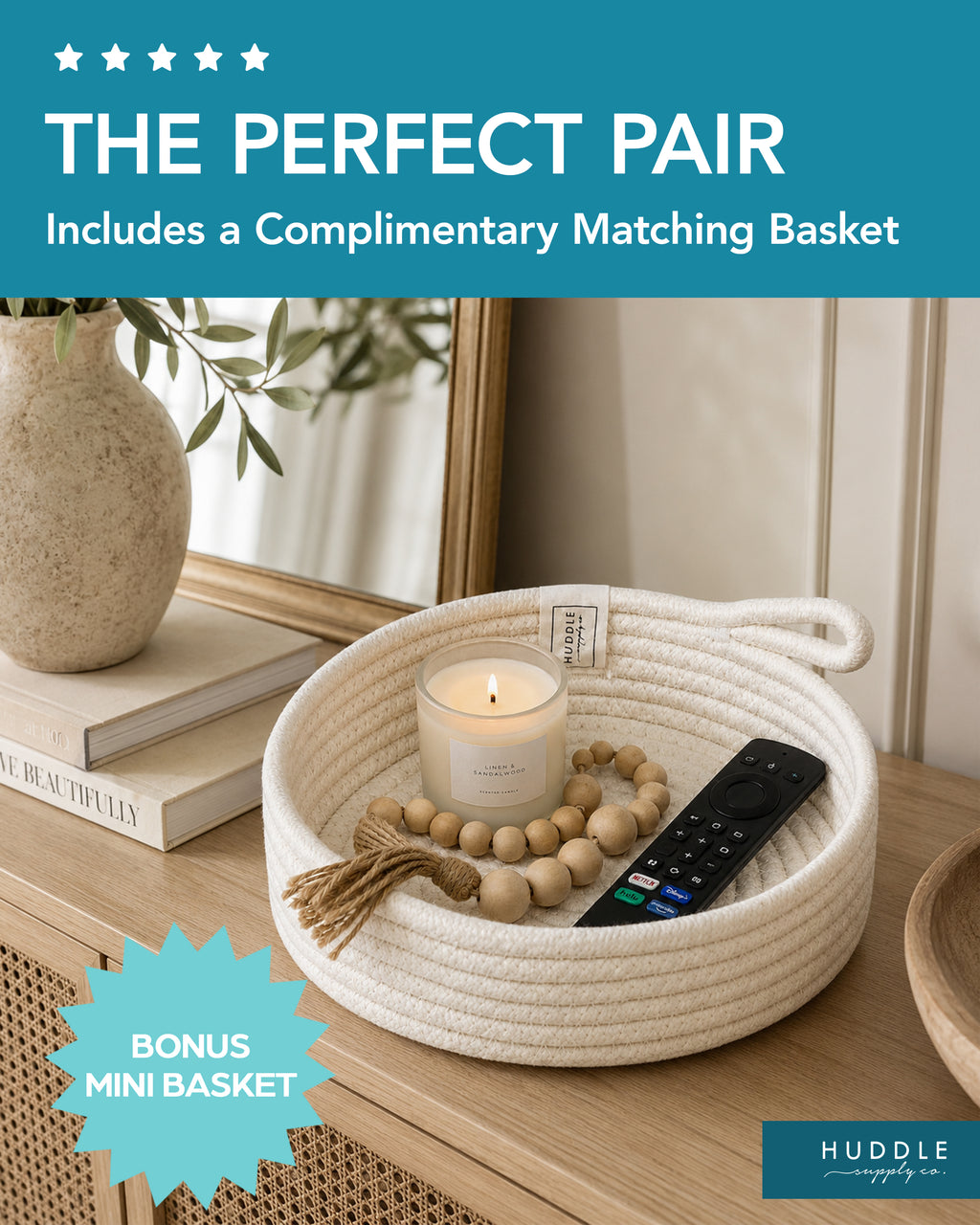 Huddle XXXLarge WASHABLE Blanket Basket for Living Room,Toys Storage, Baby Woven Decorative Soft Cotton Rope Big Blanket Basket+Mini Basket for Nursery, Dog Toys, Storage, Organization 22x14 Oatmeal